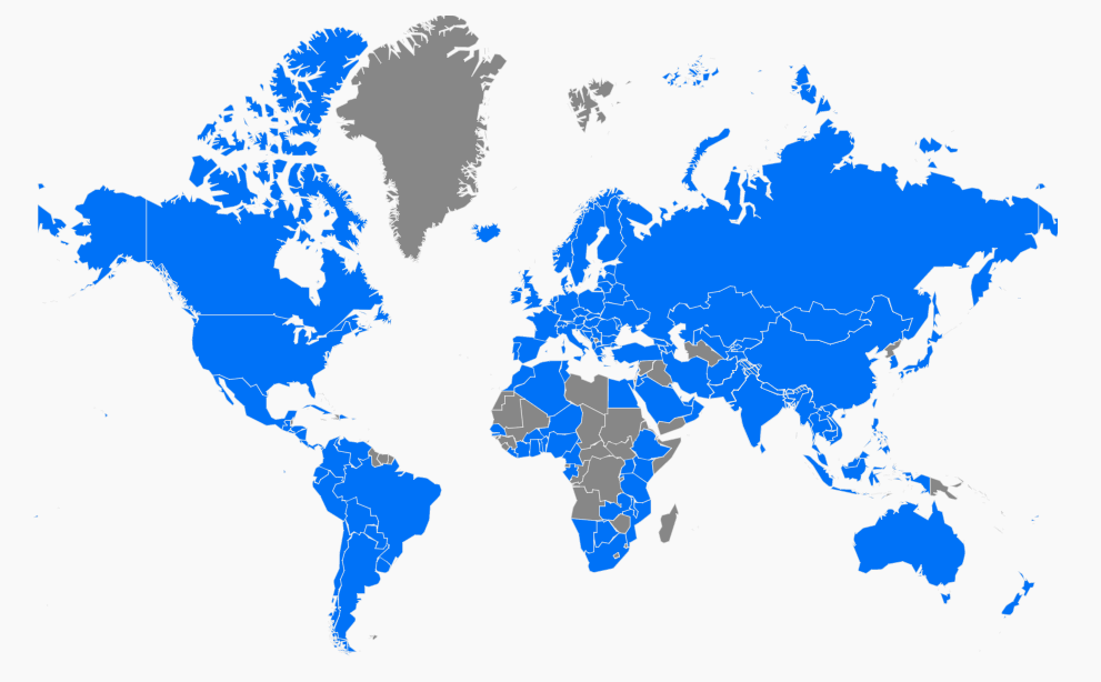 wereldkaart met alle aiesec-landen in blauw